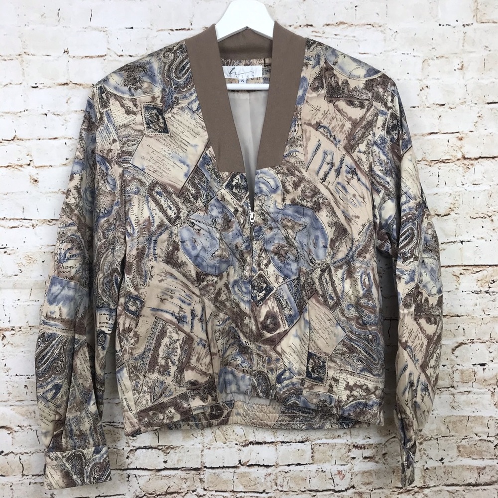 Haley Vintage Atlas Print Tan Bomber Jacket Small